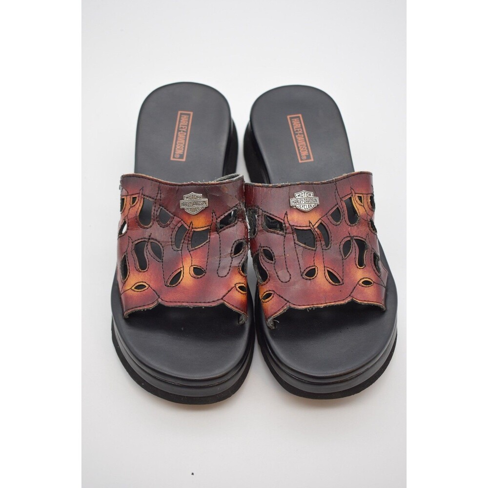 Y2K Harley-Davidson Women’s 8M  Red/Black Flames Leather wedge Sandals  Slip on